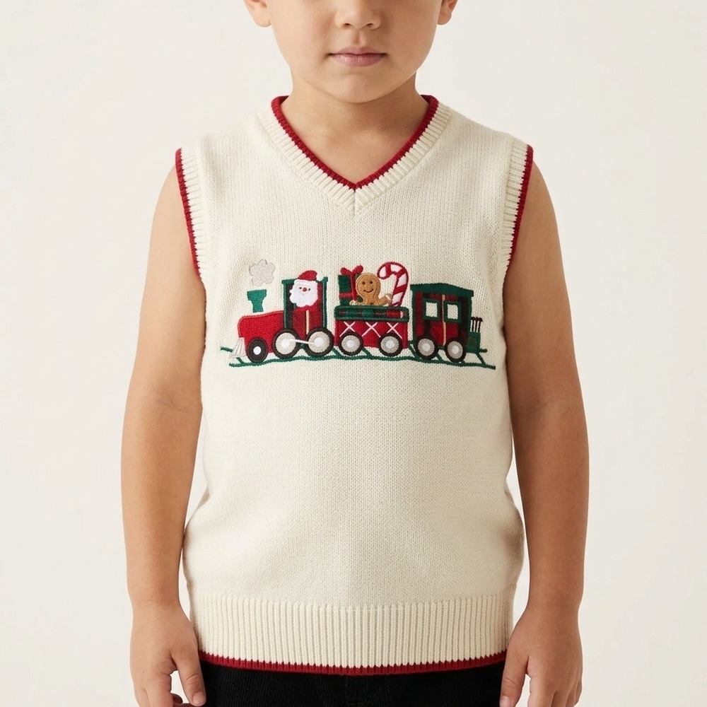 Gymboree Kids Embroidered Sweater Vest Ivory Christmas Santa Train Boys 3T